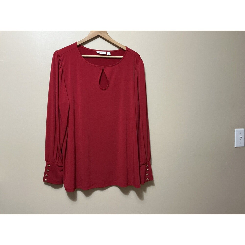 Susan Graver Top 2XL Red Keyhole Neck Gold Button Cuff Long Sleeve Stretch Glam